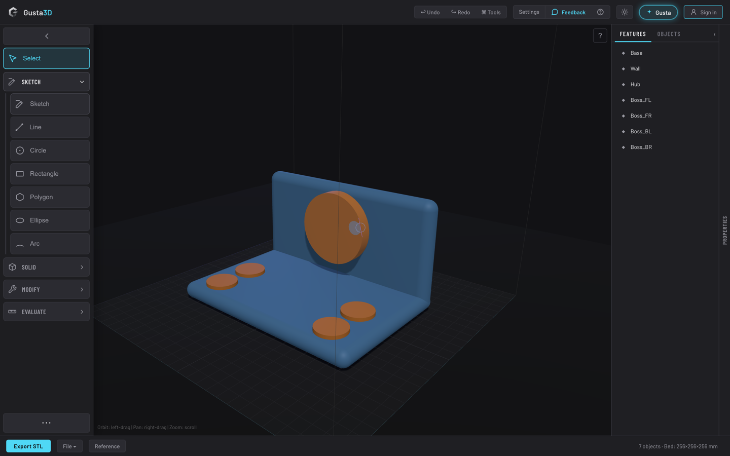 A printable mounting bracket modelled on the Gusta 3D build plate, with its parts listed in the feature tree